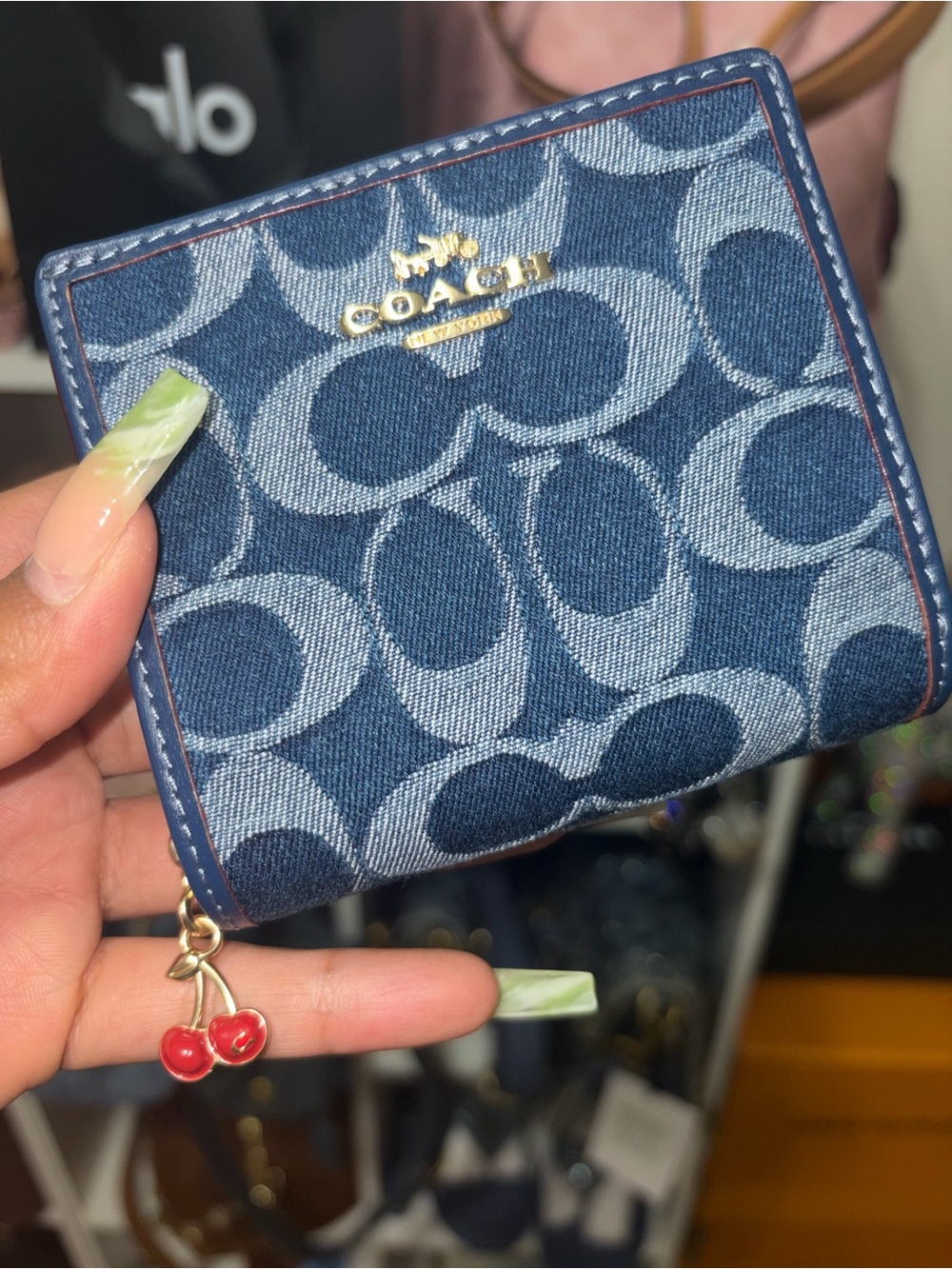 Coach Navy Denim Signature Bifold Wallet with Cherry Charm